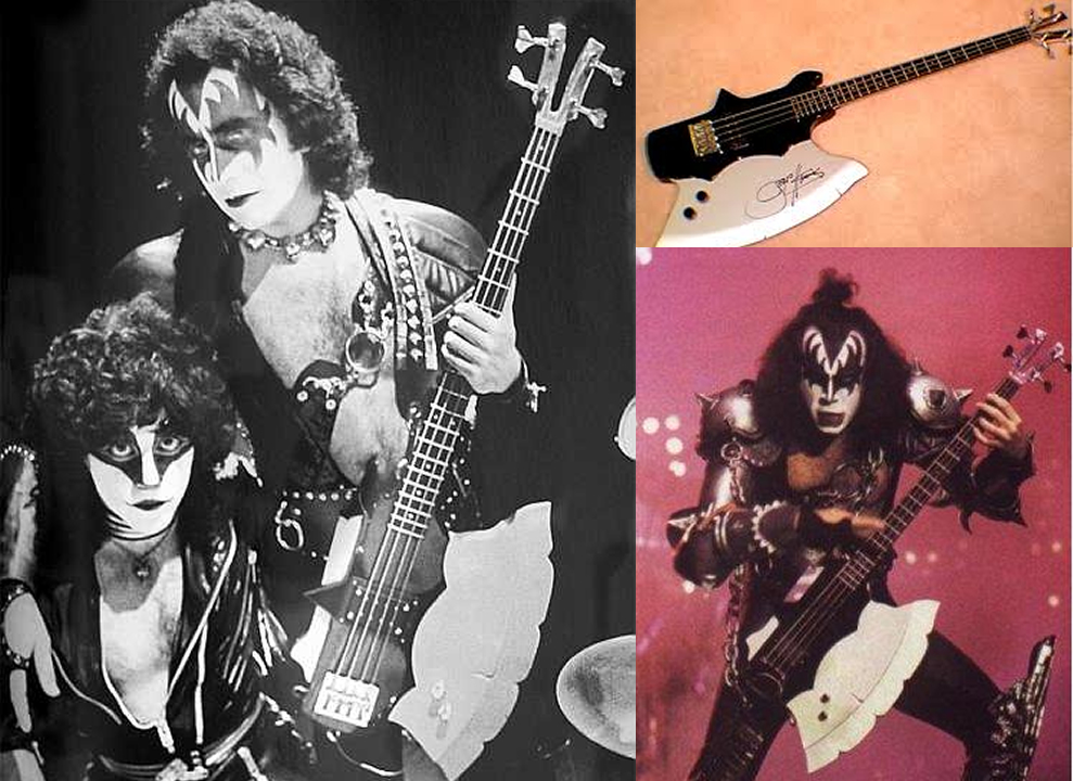 Kiss's Gene Simmons holding his iconic axe bass guitar