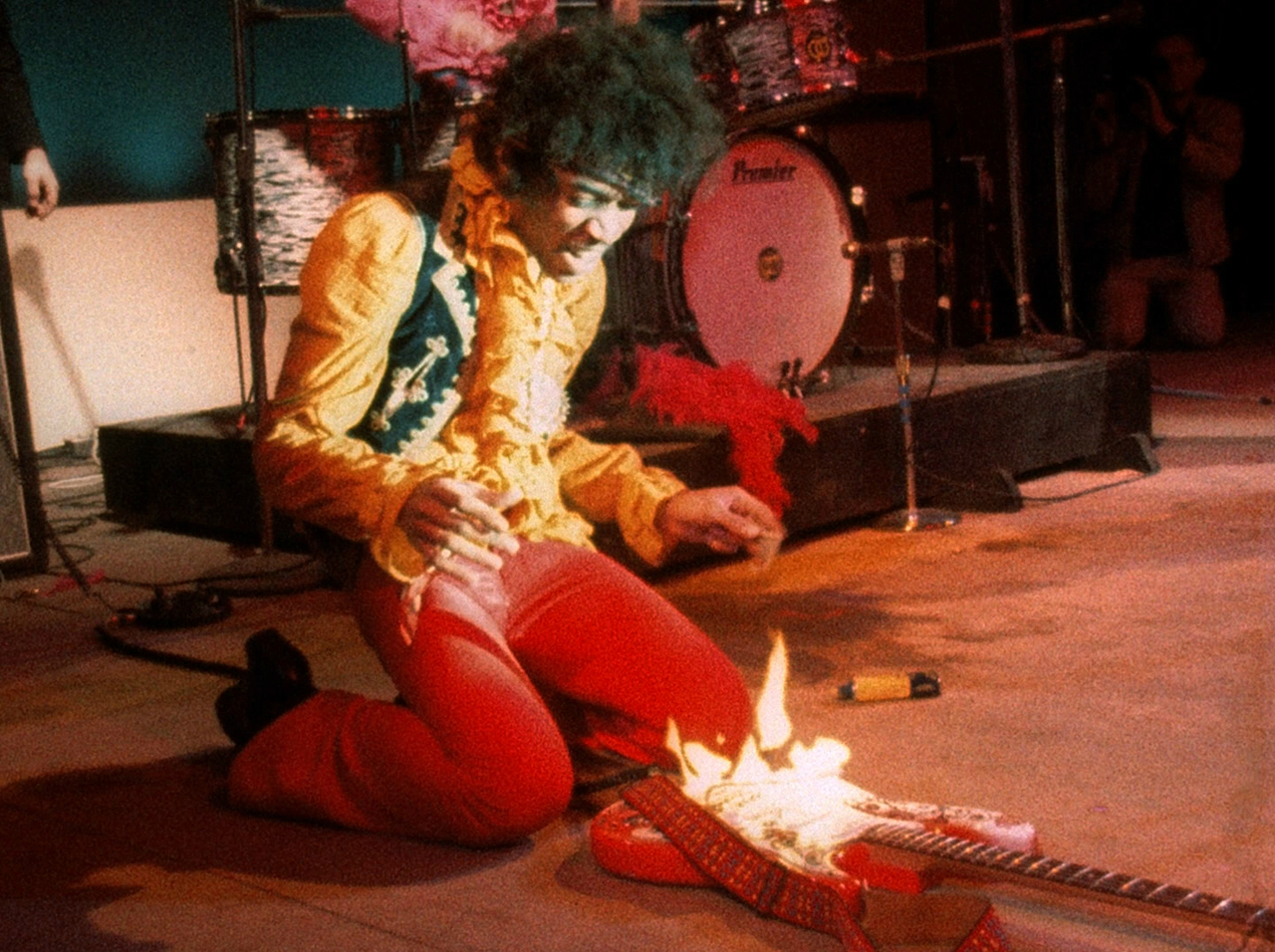 Jimi Hendrix setting fire to his Monterey Fender Stratocaster on stage at Monterey Pop Festival in 1967