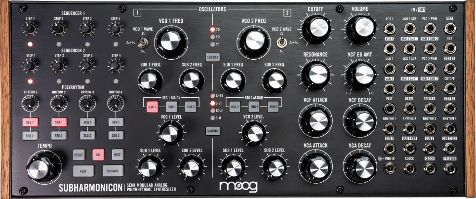 Demonstrates the interface of the Moog Subharmonicon semi-modular analogue synthesizer.