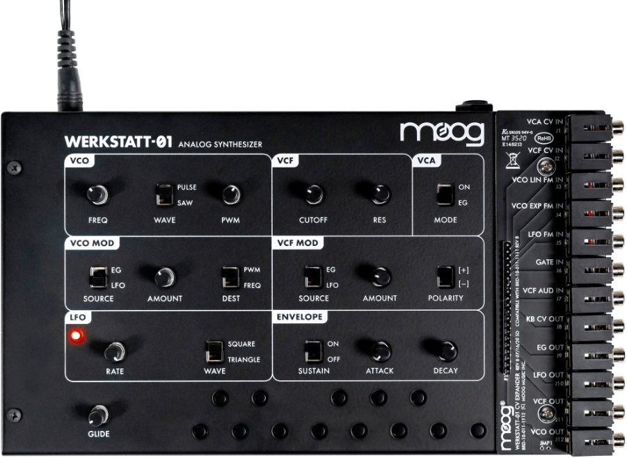 Demonstrates the interface of the Moog Werkstatt-01 semi-modular analogue synthesizer.