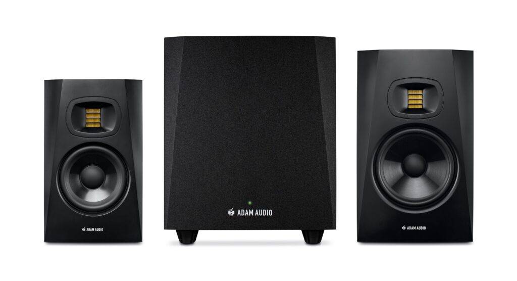 The T10S subwoofer in-between the T5V and T7V studio monitors.