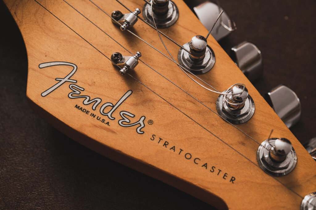 Close-up of a Fender Stratocaster headstock.