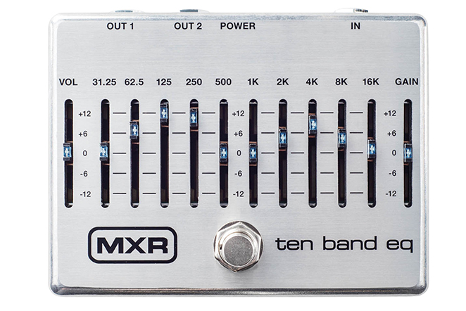Front-facing shot of an MXR Ten Band EQ effects pedal.