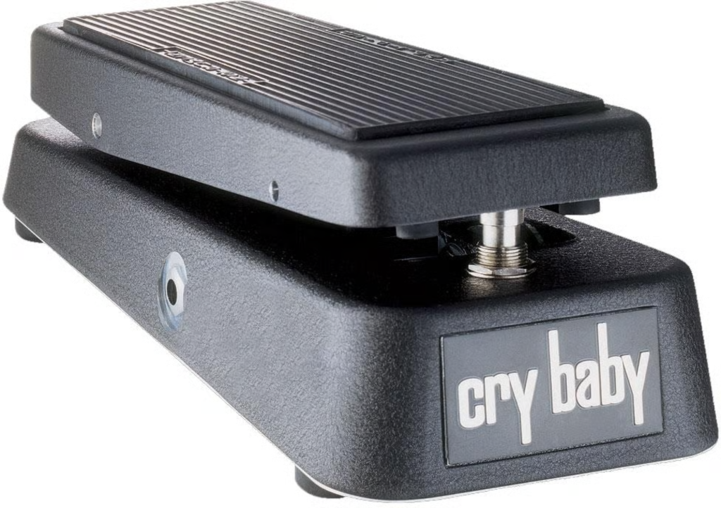 An angled shot of a Dunlop Cry Baby wah effects pedal.