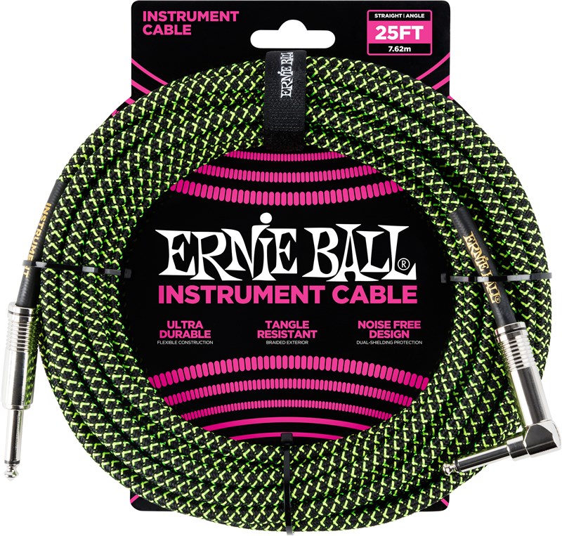 Ernie Ball Instrument Cable 25ft Black/Green Front