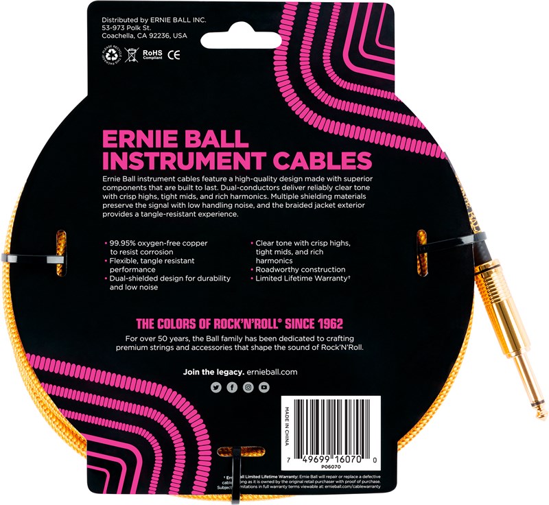 Ernie Ball Instrument Cable 25ft Gold Back