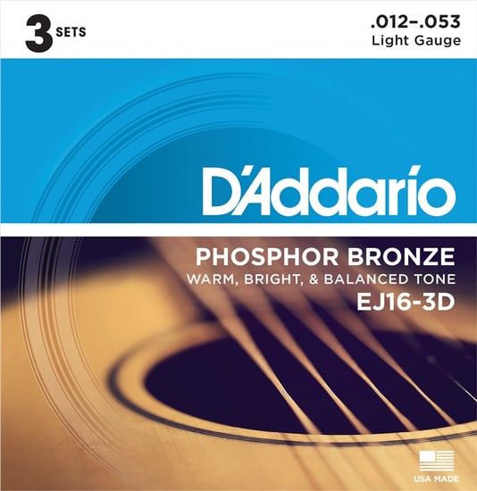 D'Addario EJ16-3D Phosphor Bronze Acoustic, Light, 12-53, 3 Pack