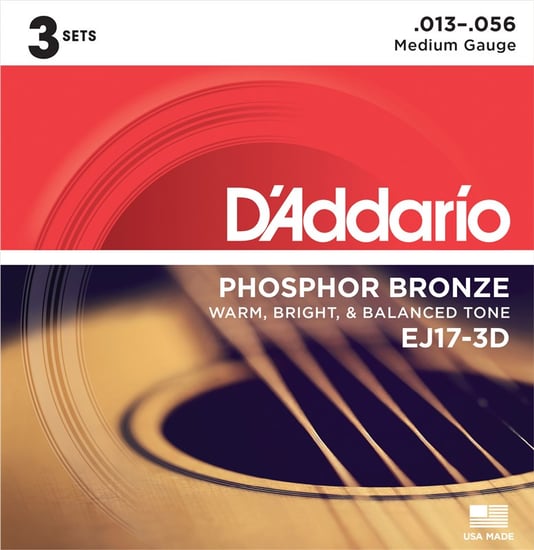D'Addario EJ17-3D Phosphor Bronze Acoustic, Medium, 13-56, 3 Pack