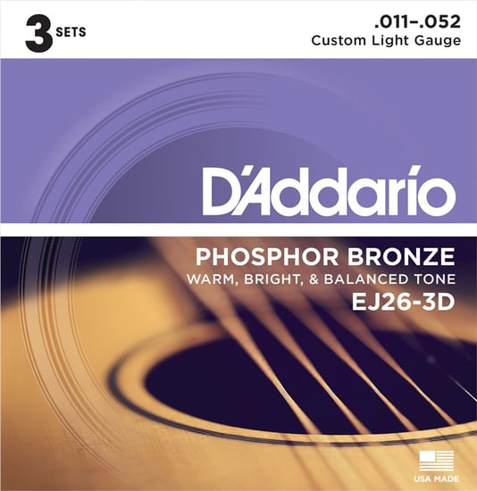 D'Addario EJ26-3D Phosphor Bronze Acoustic, Custom Light, 11-52, 3 Pack