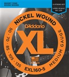 D'Addario EXL160-5 Nickel Wound 5 String Bass, Medium, 50-135 Long Scale