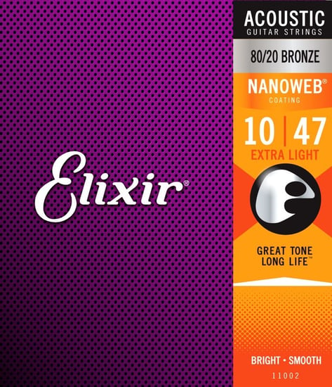 Elixir 11002 80/20 Bronze Nanoweb Acoustic, Extra Light, 10-47