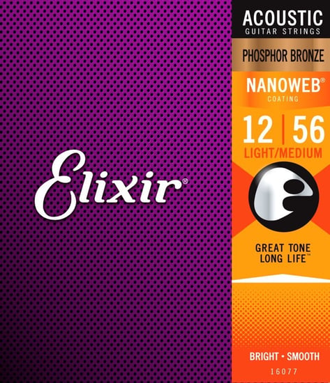Elixir 16077 Phosphor Bronze Nanoweb Acoustic, Light Medium, 12-56