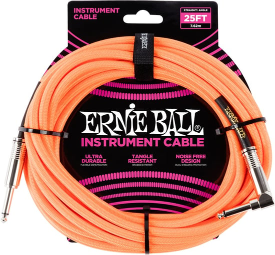 Ernie Ball 6067 Braided Instrument Cable, 25ft/7.6m, Neon Orange