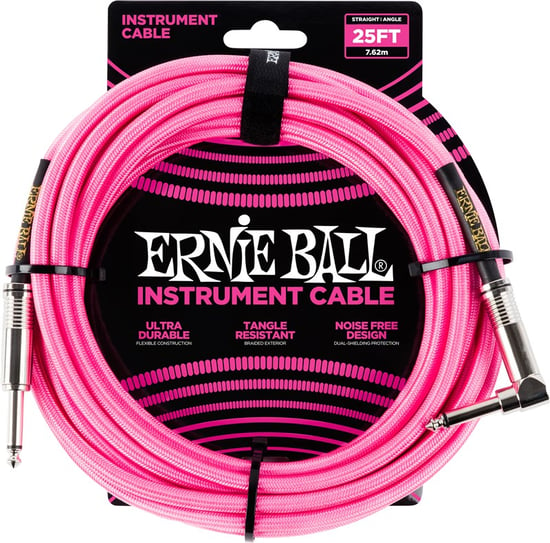 Ernie Ball 6065 Braided Instrument Cable, 25ft/7.6m, Neon Pink