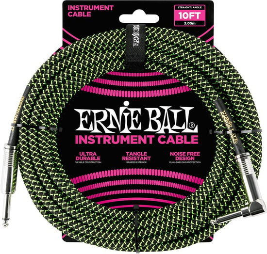 Ernie Ball 6077 Braided Instrument Cable, 10ft/3m, Black/Green