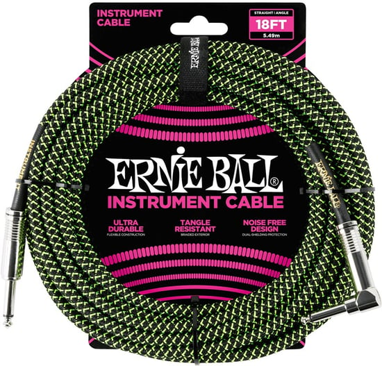 Ernie Ball 6082 Braided Instrument Cable, 18ft/5.5m, Black/Green