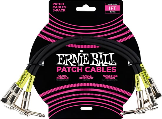 Ernie Ball 6075 Patch Cable, 1ft/30cm, Black, 3 Pack