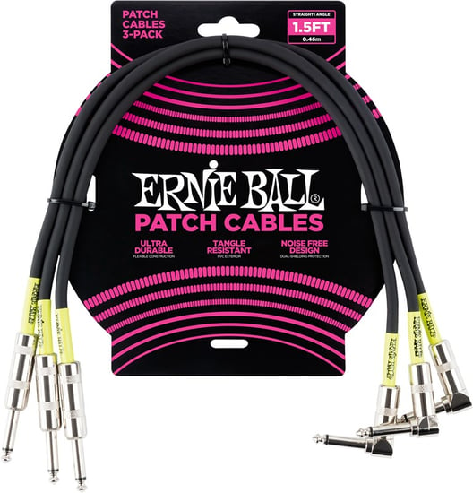 Ernie Ball 6076 Patch Cable, 1.5ft/45cm, Black, 3 Pack