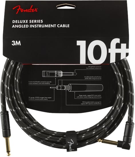 Fender Deluxe Instrument Cable, Angled/Straight, 3m/10ft, Black Tweed