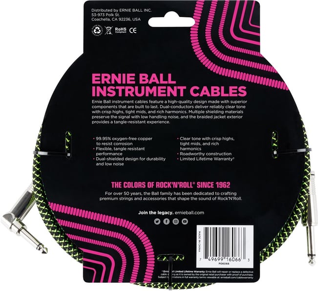 Ernie Ball Instrument Cable 25ft Black/Green Back