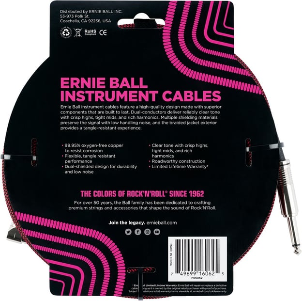 Ernie Ball Instrument Cable 25ft Black/Red Back
