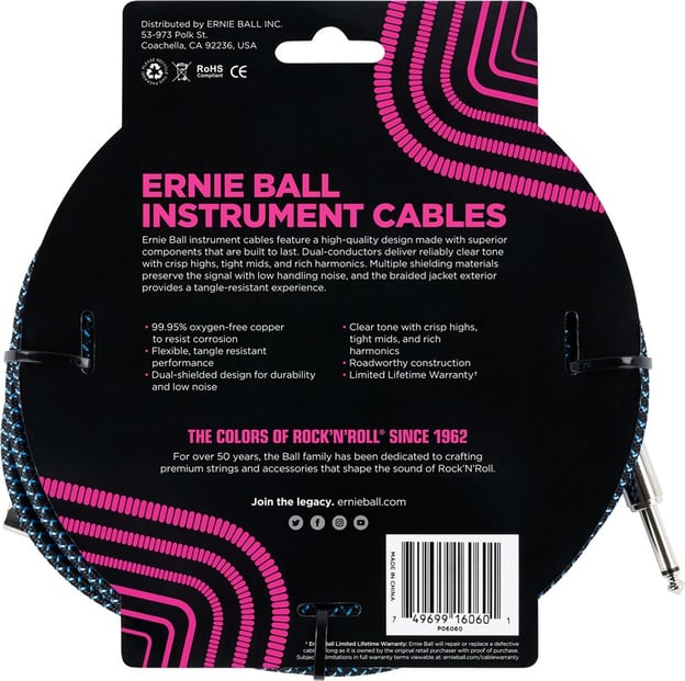 Ernie Ball Instrument Cable 25ft Black/Blue Back