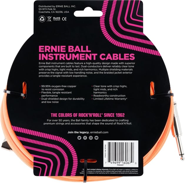 Ernie Ball Instrument Cable 25ft Neon Orange Back