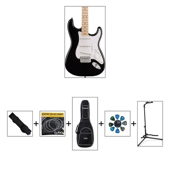 Squier Sonic Stratocaster, Black W/ Gig Bag & Accessory Bundle