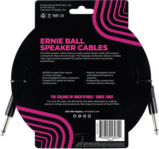 Ernie Ball Speaker Cable 6ft Black Back