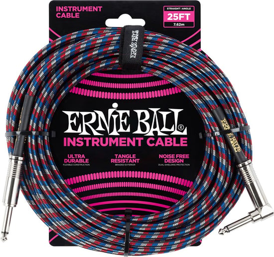 Ernie Ball 6063 Braided Instrument Cable, 25ft/7.6m, Red/Blue/White