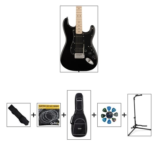 Squier Sonic Stratocaster HSS, Black W/ Gig Bag & Accessory Bundle