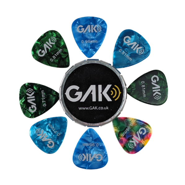 GAK Mixed Gauge Picks with Tin, 12 Pack