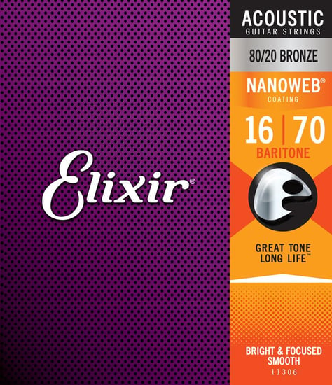 Elixir 11306 80/20 Bronze Nanoweb Acoustic, Baritone, 16-70