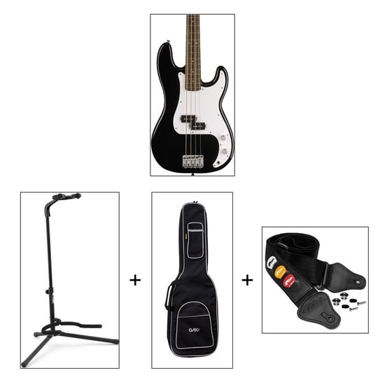 Squier Sonic Precision Bass, Black W/ Gig Bag & Accessory Bundle