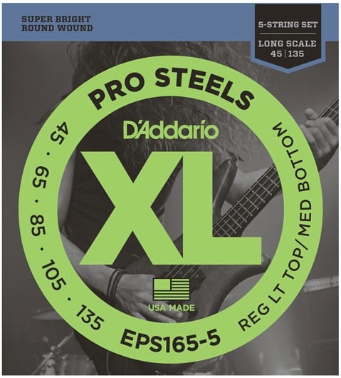 D'Addario EPS165-5 Pro Steels Bass, 5-String, Long Scale, Custom Light, 45-135