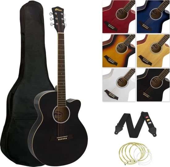 Tiger ACG3 Acoustic Guitar Pack for Beginners, Full Size, Black