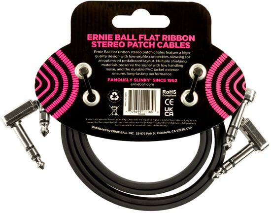 Ernie Ball 6406 Flat Ribbon Stereo Patch Cable, 24in/60cm, Black, 2 Pack