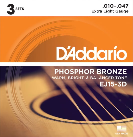 D'Addario EJ15-3D Phosphor Bronze Acoustic, Extra Light, 10-47, 3 Pack