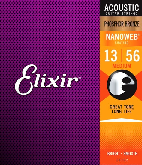 Elixir 16102 Phosphor Bronze Nanoweb Acoustic, Medium, 13-56