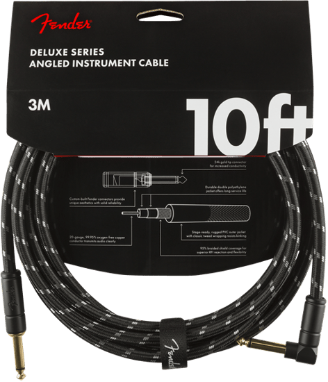 Fender Deluxe Instrument Cable, Angled/Straight, 3m/10ft, Black Tweed