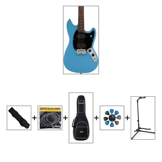 Squier Sonic Mustang HH, California Blue W/ Gig Bag & Accessory Bundle