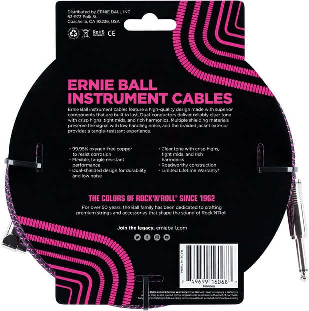 Ernie Ball Instrument Cable 25ft Black Purple Back