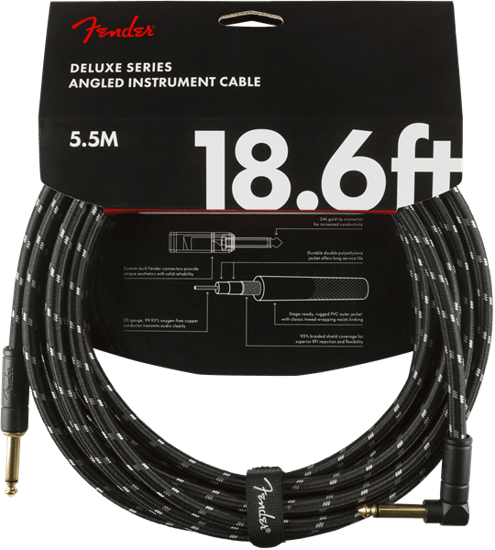 Fender Deluxe Instrument Cable, Angled/Straight, 5.7m/18.6ft, Black Tweed