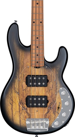 Sterling RAY34HH StingRay HH Bass, Spalted Maple Blood Orange Burst
