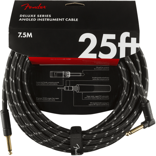 Fender Deluxe Instrument Cable, Angled/Straight, 7.6m/25ft, Black Tweed