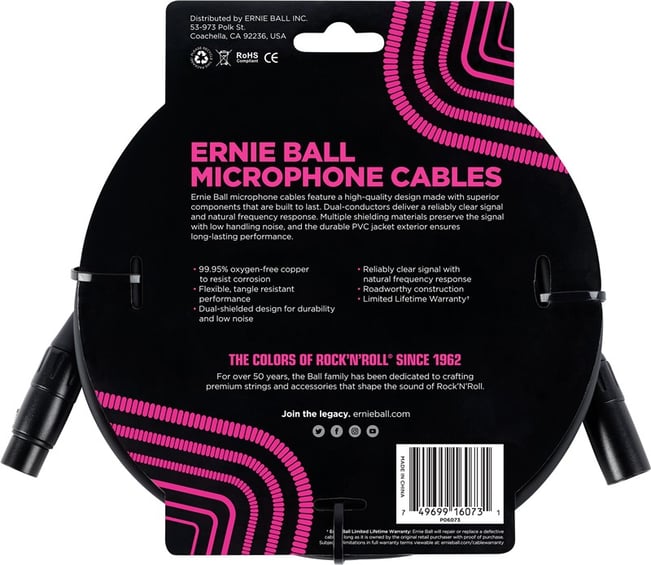 Ernie Ball Microphone Cable 25ft Black Back