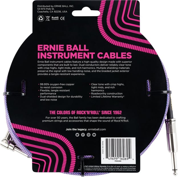 Ernie Ball Instrument Cable 25ft Purple Back