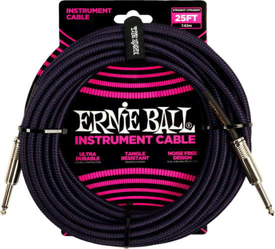 Ernie Ball 6393 Braided Instrument Cable, 25ft/7.6m, Purple/Black
