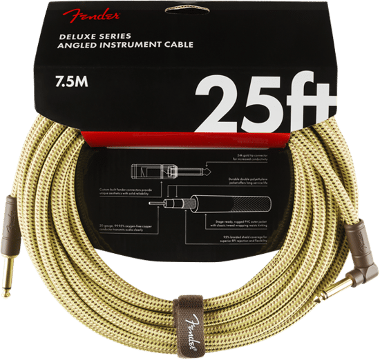 Fender Deluxe Instrument Cable, Angled/Straight, 7.6m/25ft, Tweed