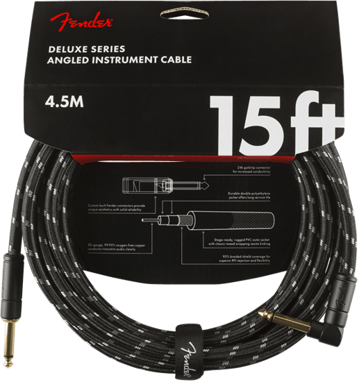 Fender Deluxe Instrument Cable, Angled/Straight, 4.5m/15ft Black Tweed